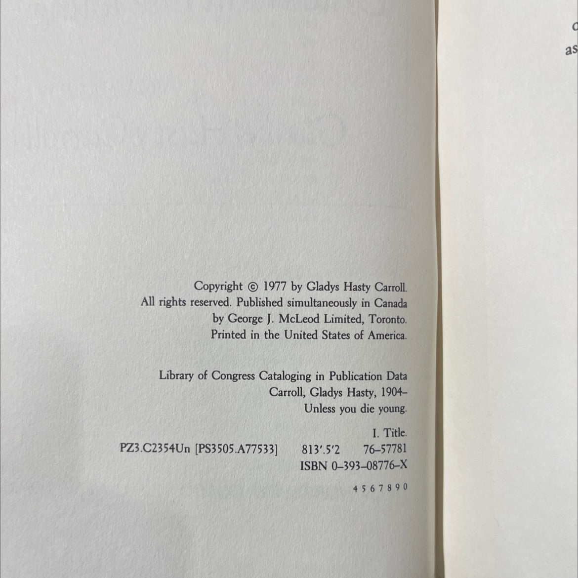 unless you die young book, by Gladys Hasty Carroll, 1977 Hardcover image 3