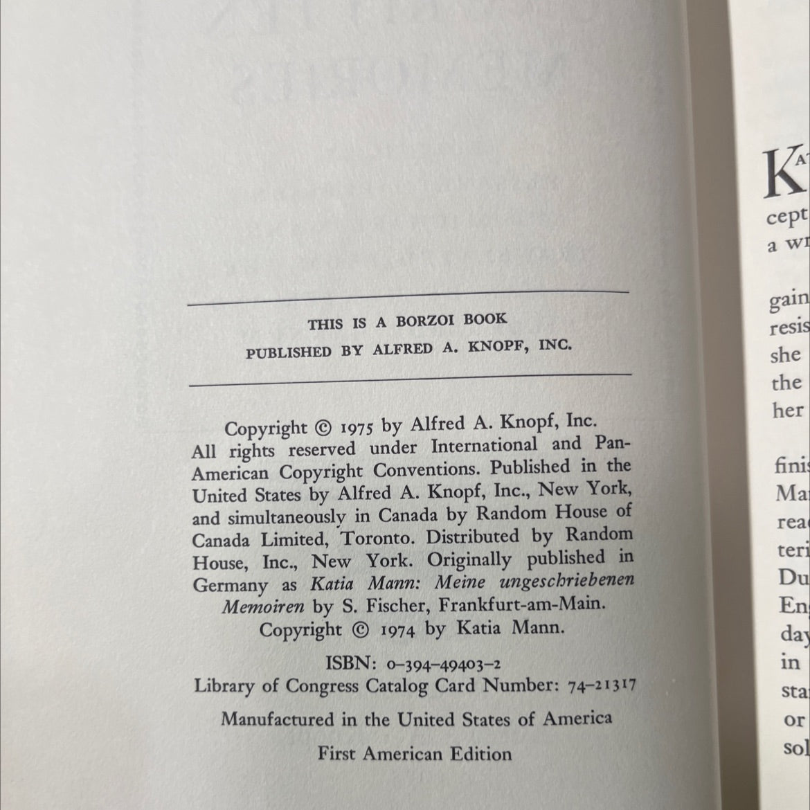 unwritten memories book, by katia mann, 1975 Hardcover image 3