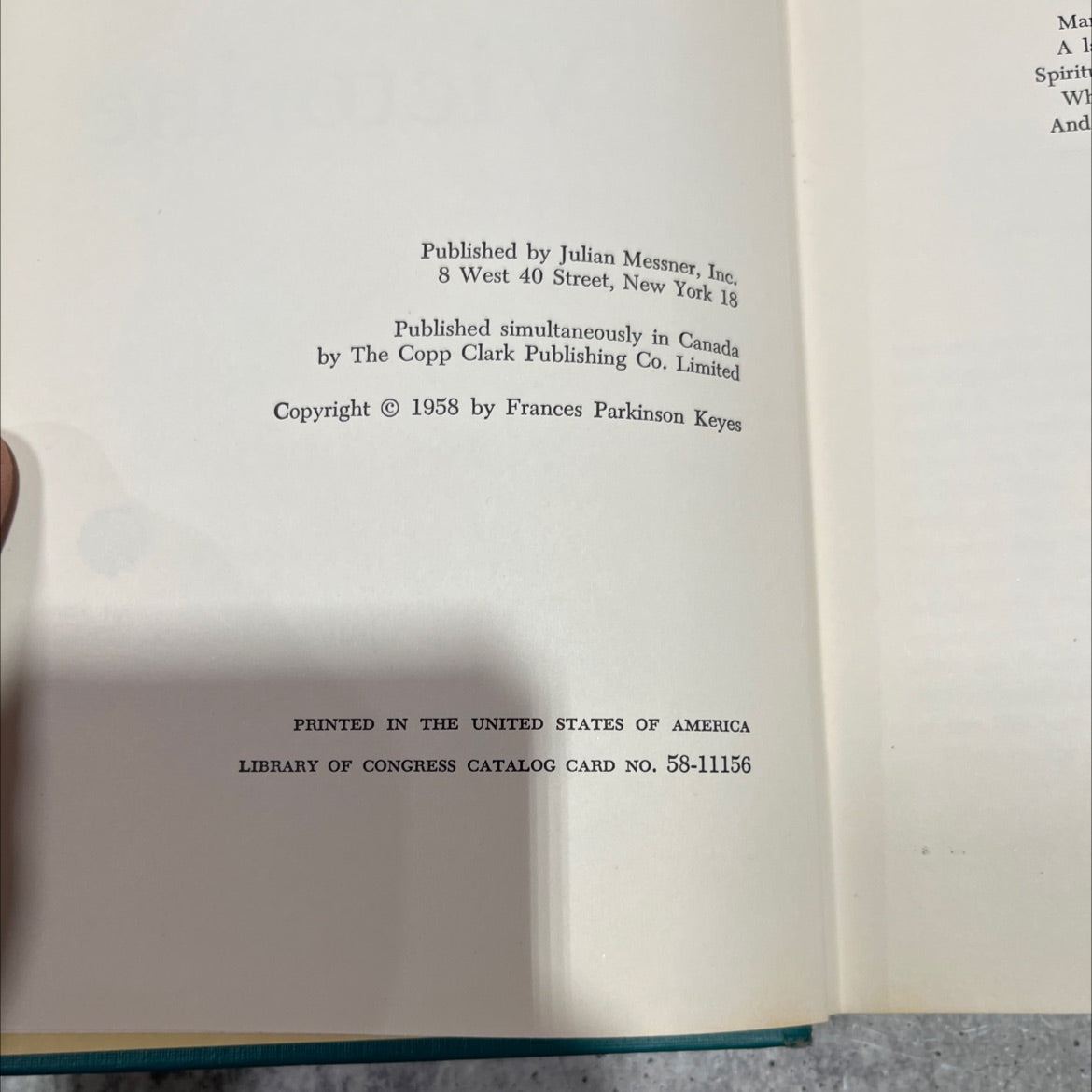 victorine book, by frances parkinson keyes, 1958 Hardcover image 3