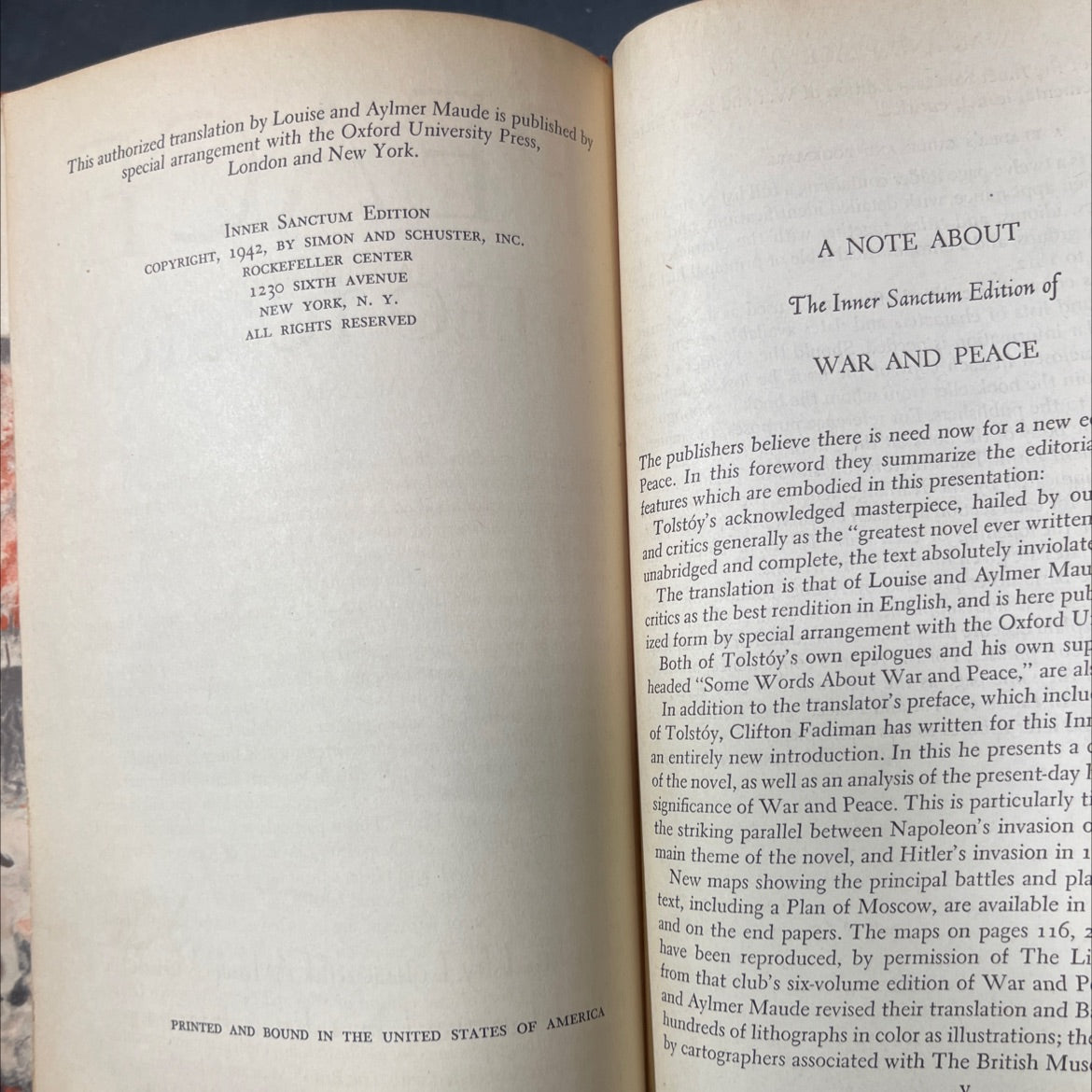 war and peace book, by leo tolstoy, 1942 Hardcover image 3