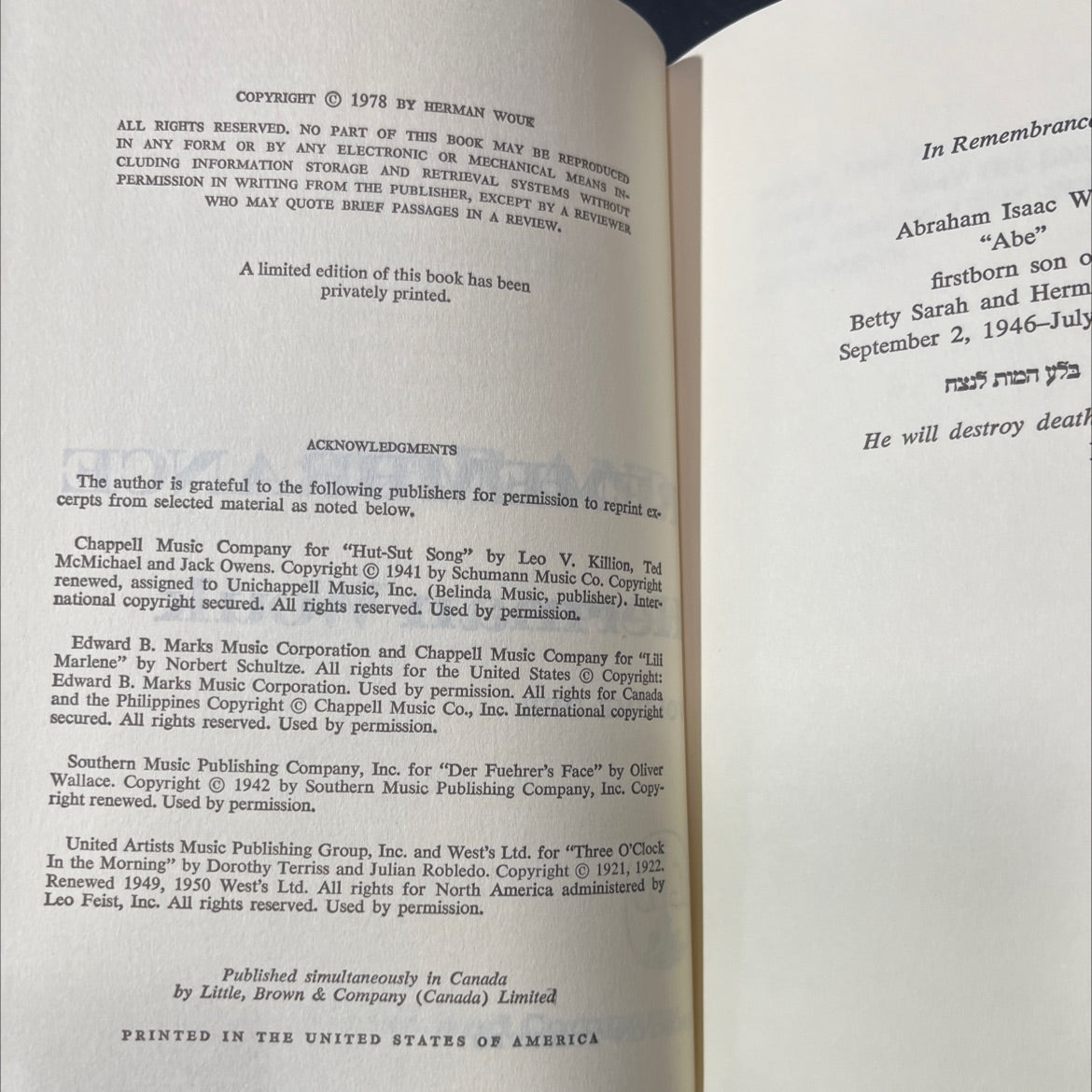 war and remembrance book, by herman wouk, 1978 Hardcover image 3