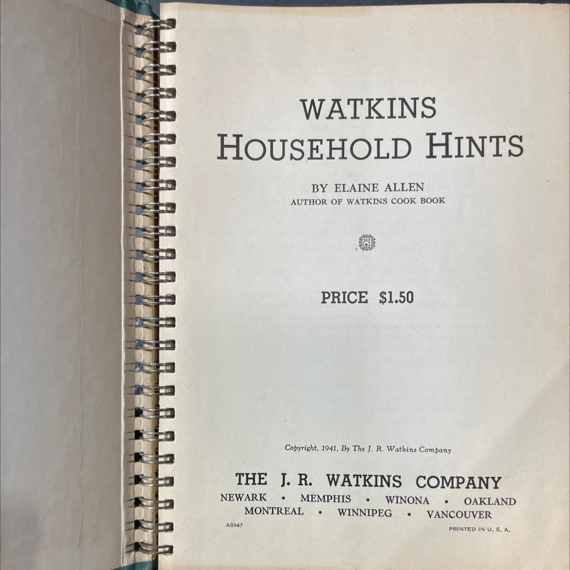 watkins household hints book, by elaine allen, 1941 Hardcover image 2
