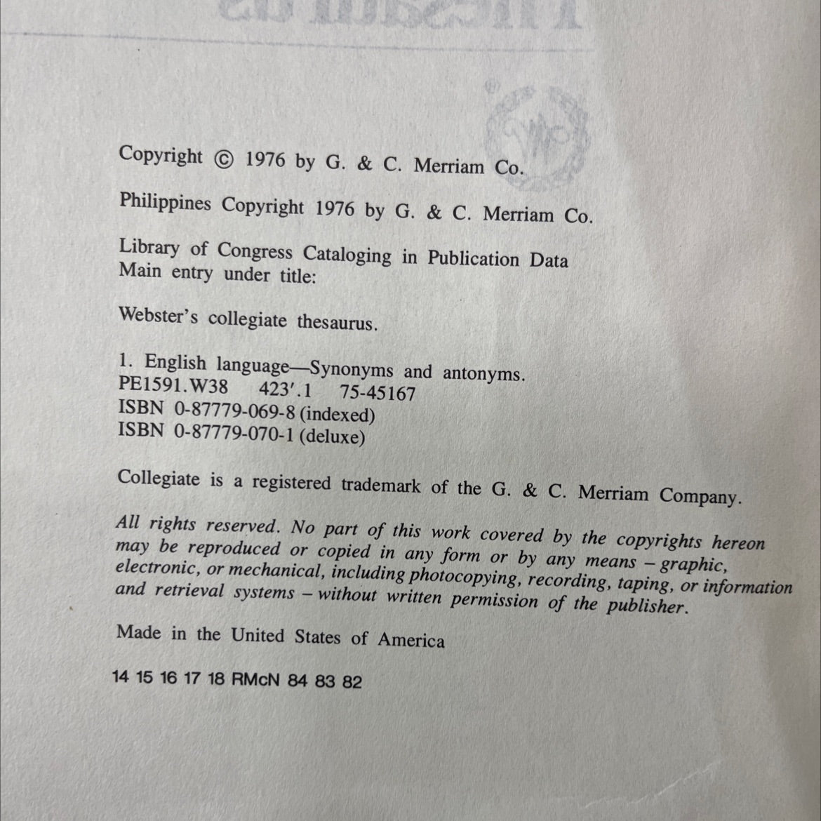 webster's collegiate thesaurus book, by g. & c. merriam company, 1976 Hardcover image 3