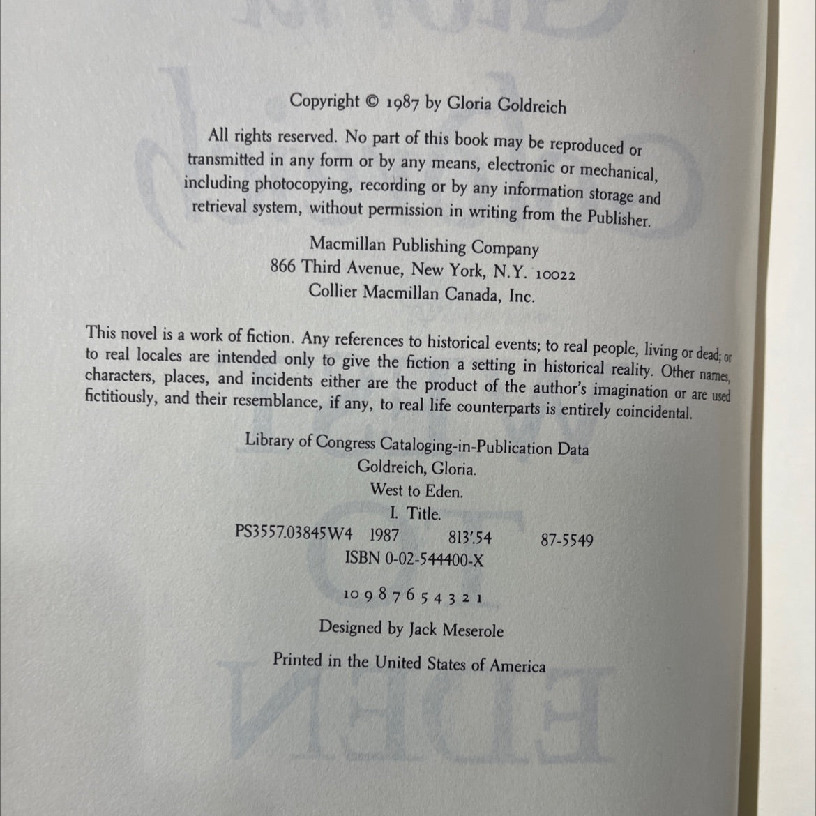 west to eden book, by gloria goldreich, 1987 Hardcover image 3