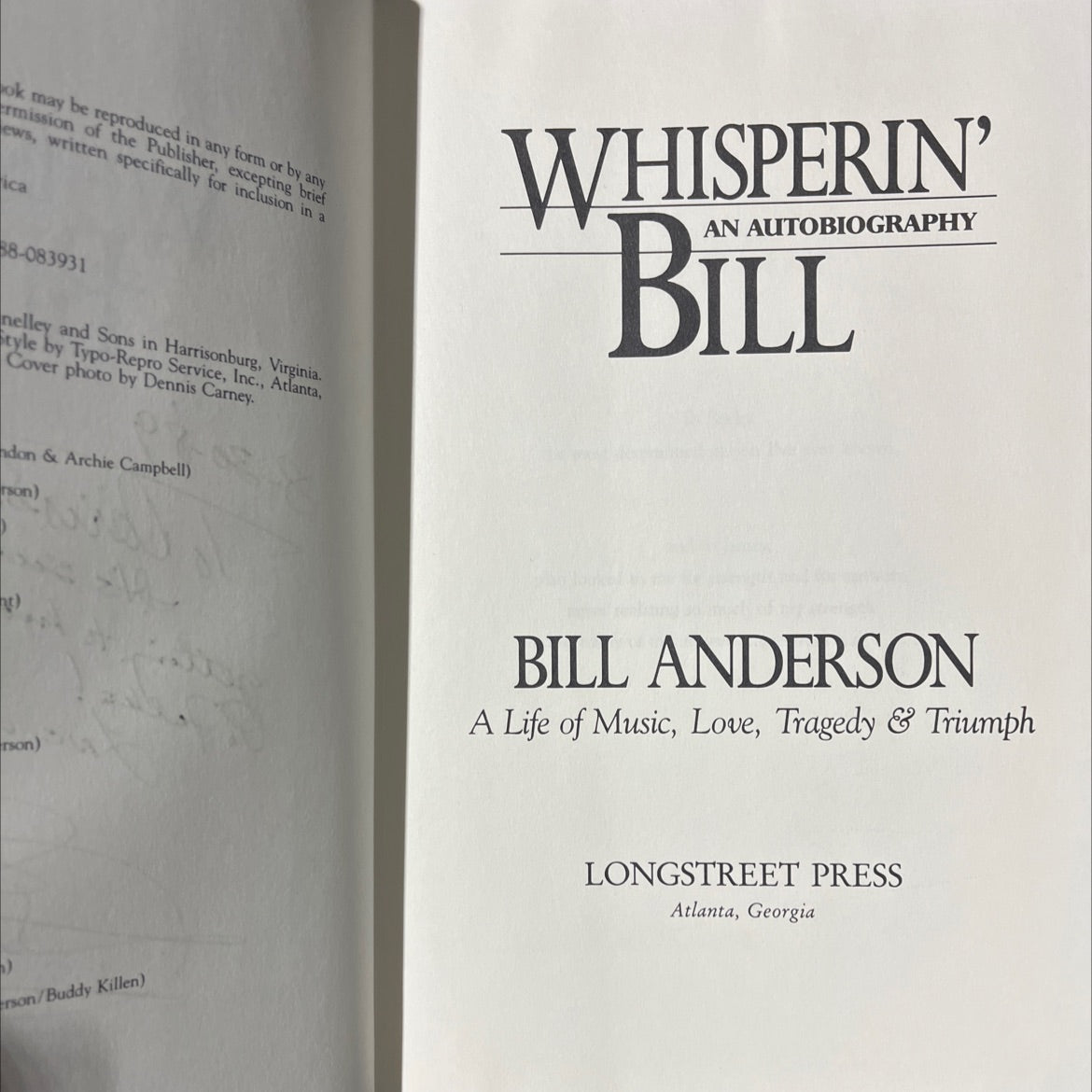SIGNED whisperin' bill an autobiography book, by Bill Anderson, 1989 Hardcover, First Edition image 2