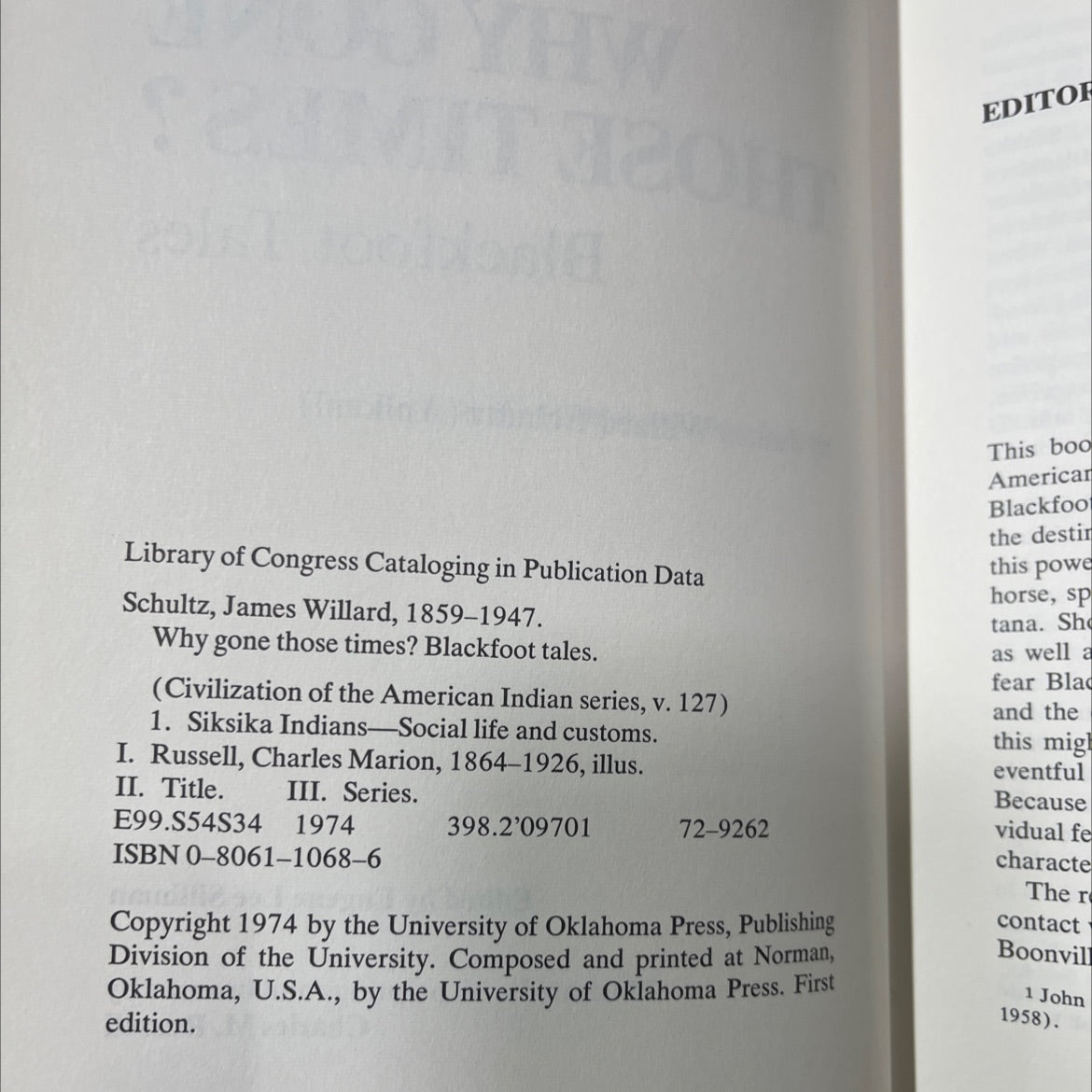 why gone those times? blackfoot tales book, by James Willard Schultz, 1974 Hardcover image 3