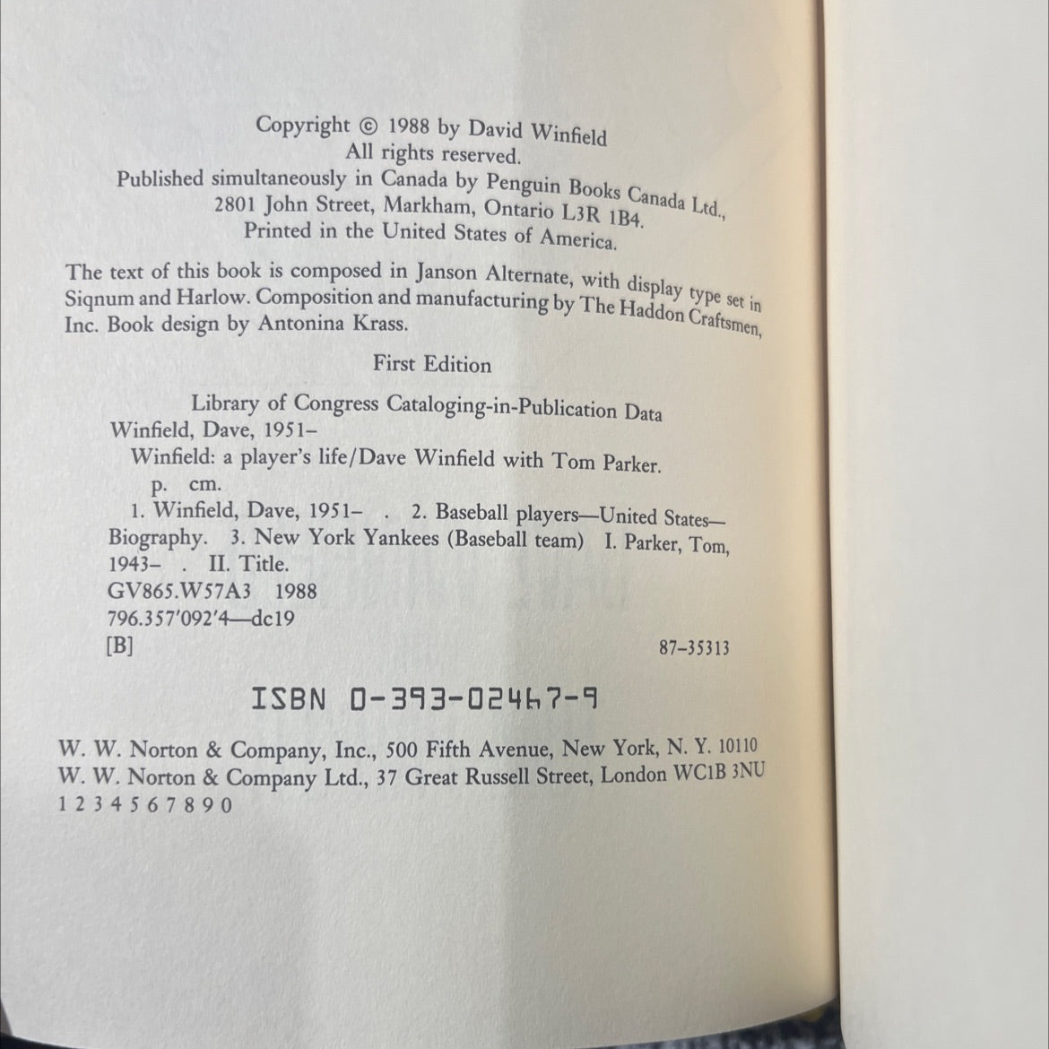 winfield a players life book, by Dave Winfield with Tom Parker, 1988 Hardcover image 3