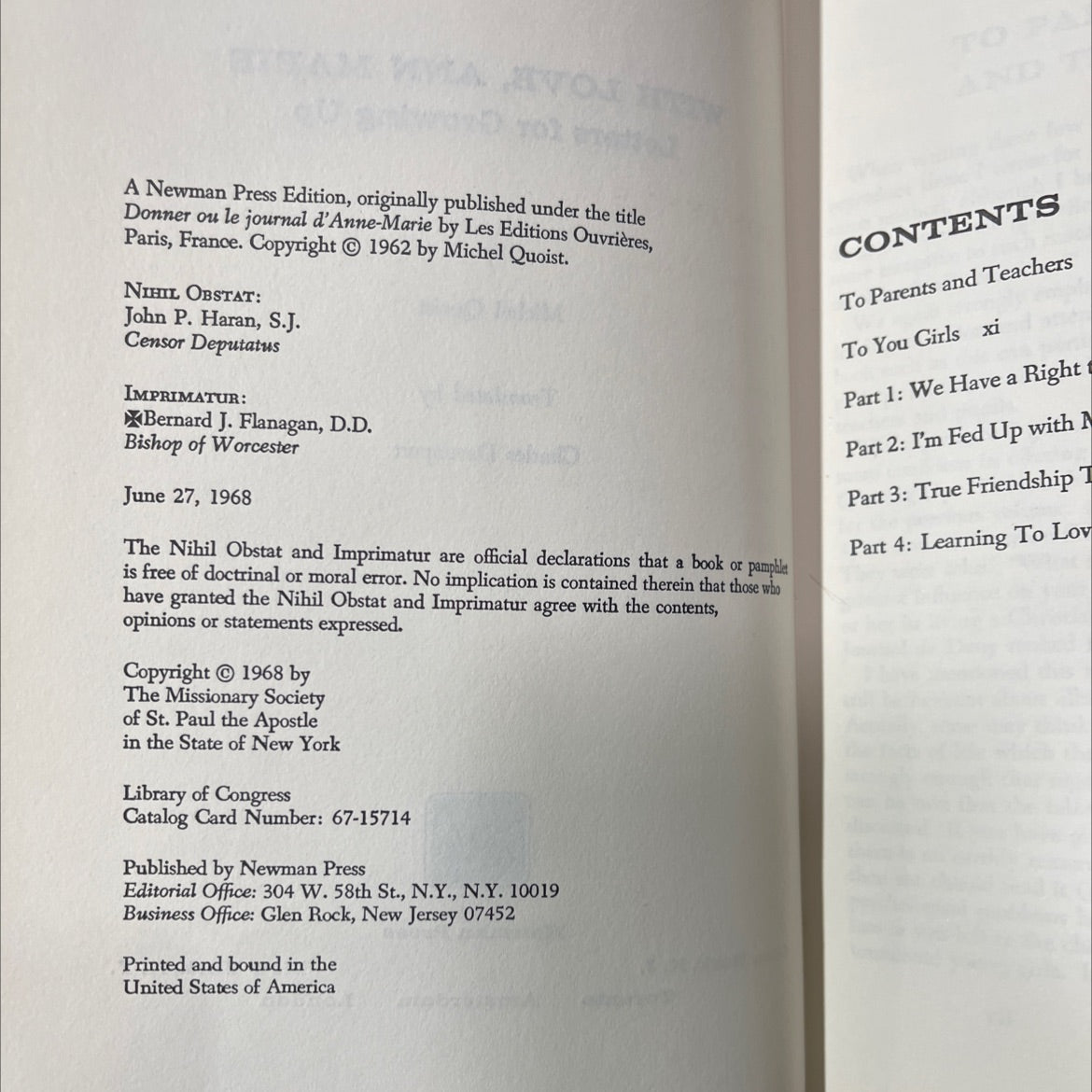 with love, ann marie book, by Michel Quoist, 1968 Hardcover image 3