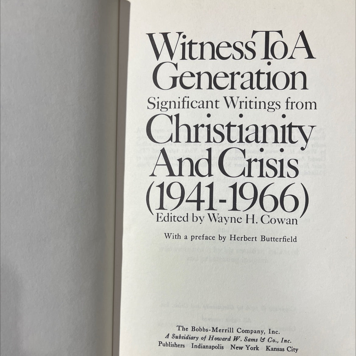 witness to a generation significant writings from christianity and crisis book, by Wayne H. Cowan, 1966 Hardcover image 2
