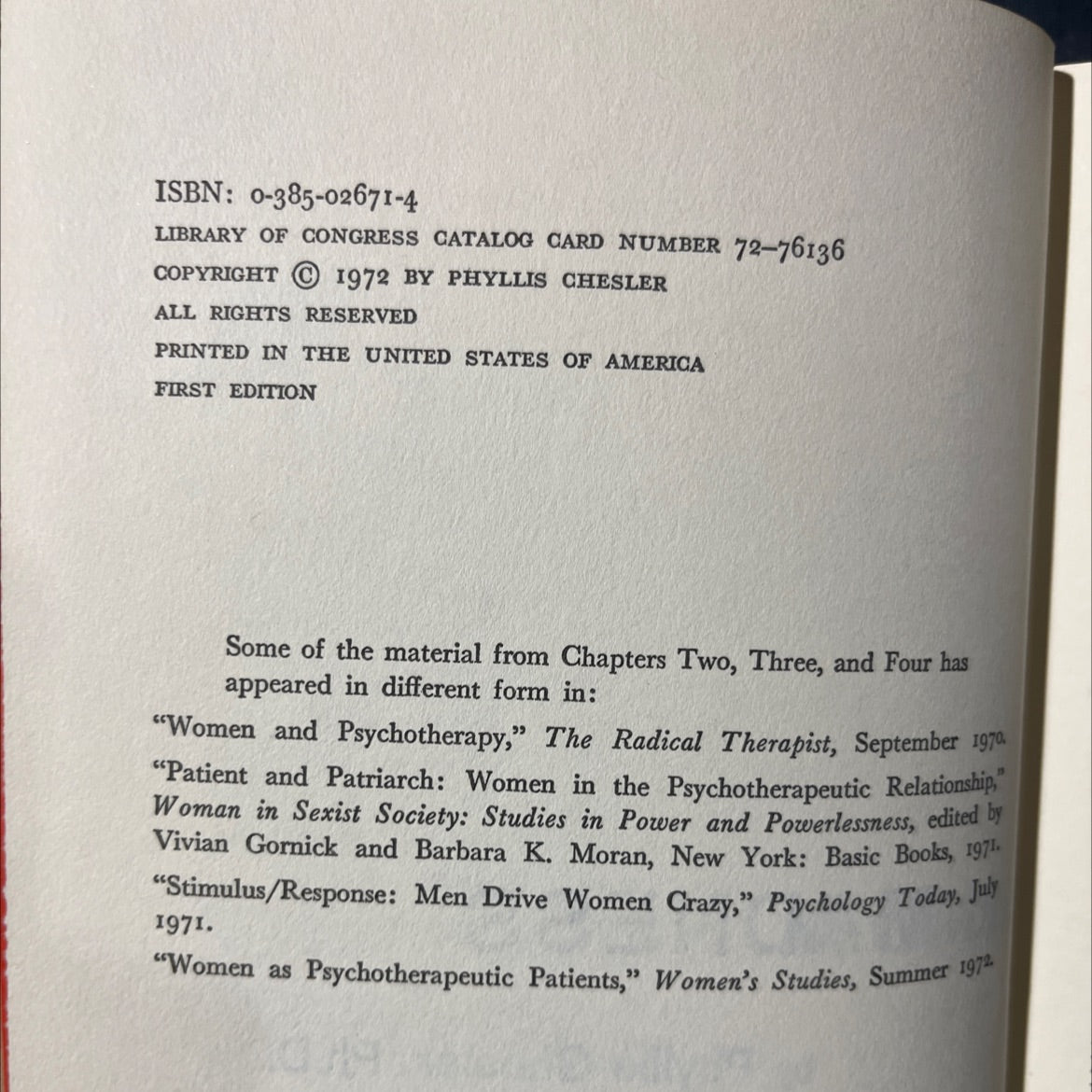 women and madness book, by Phyllis Chesler, Ph.D., 1972 Hardcover image 3