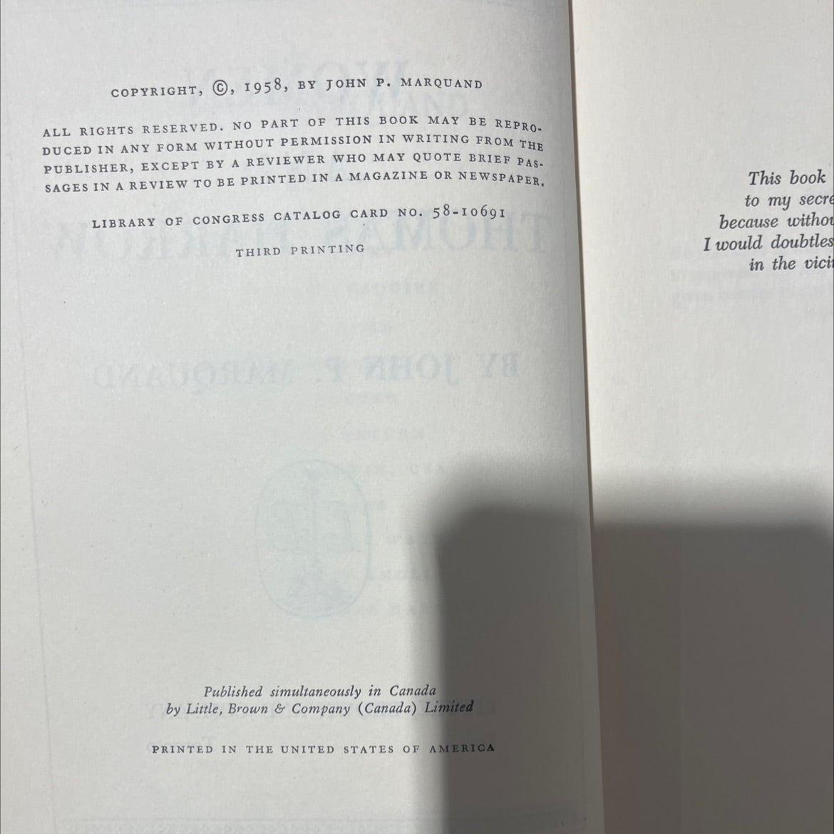 women and thomas harrow book, by john p. marquand, 1958 Hardcover image 3