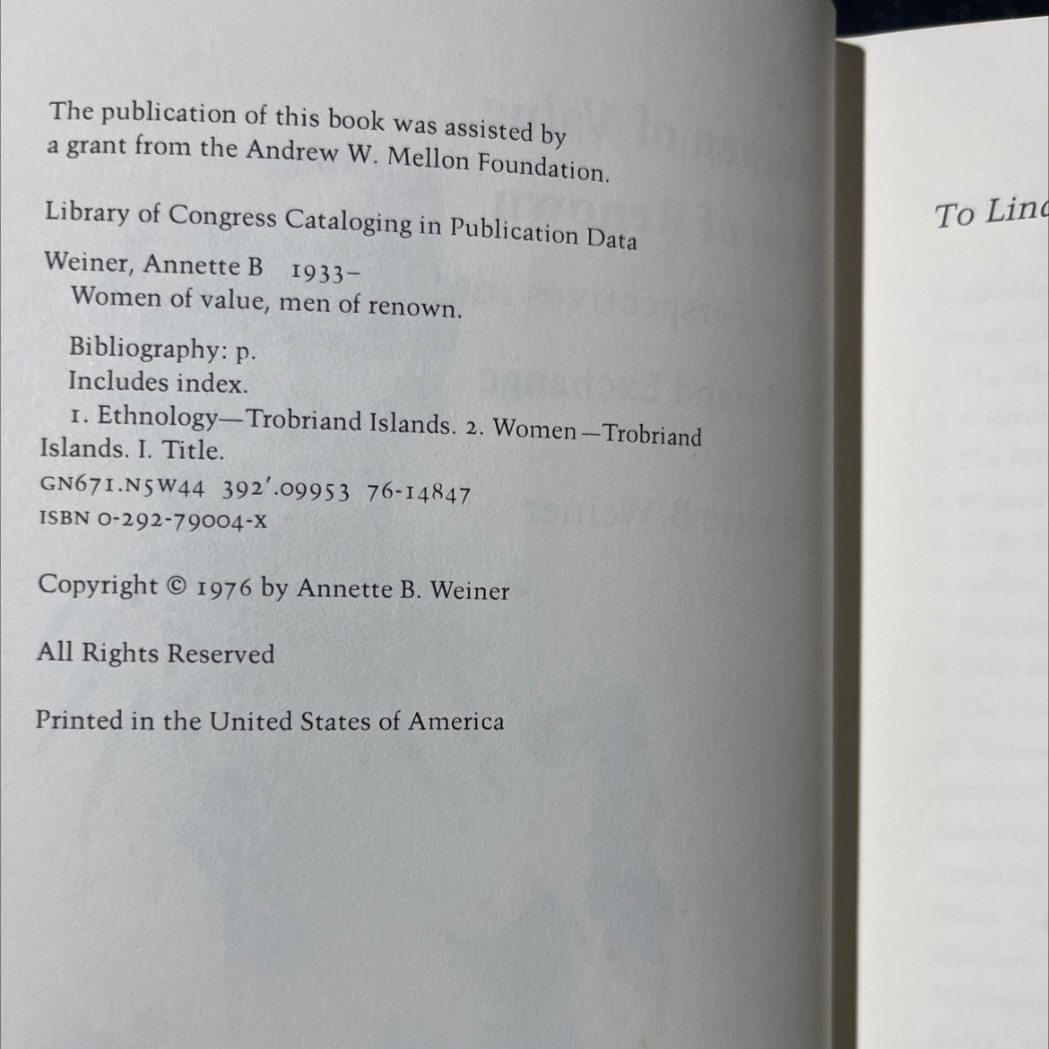 women of value, men of renown book, by Annette B. Weiner, 1976 Hardcover image 3