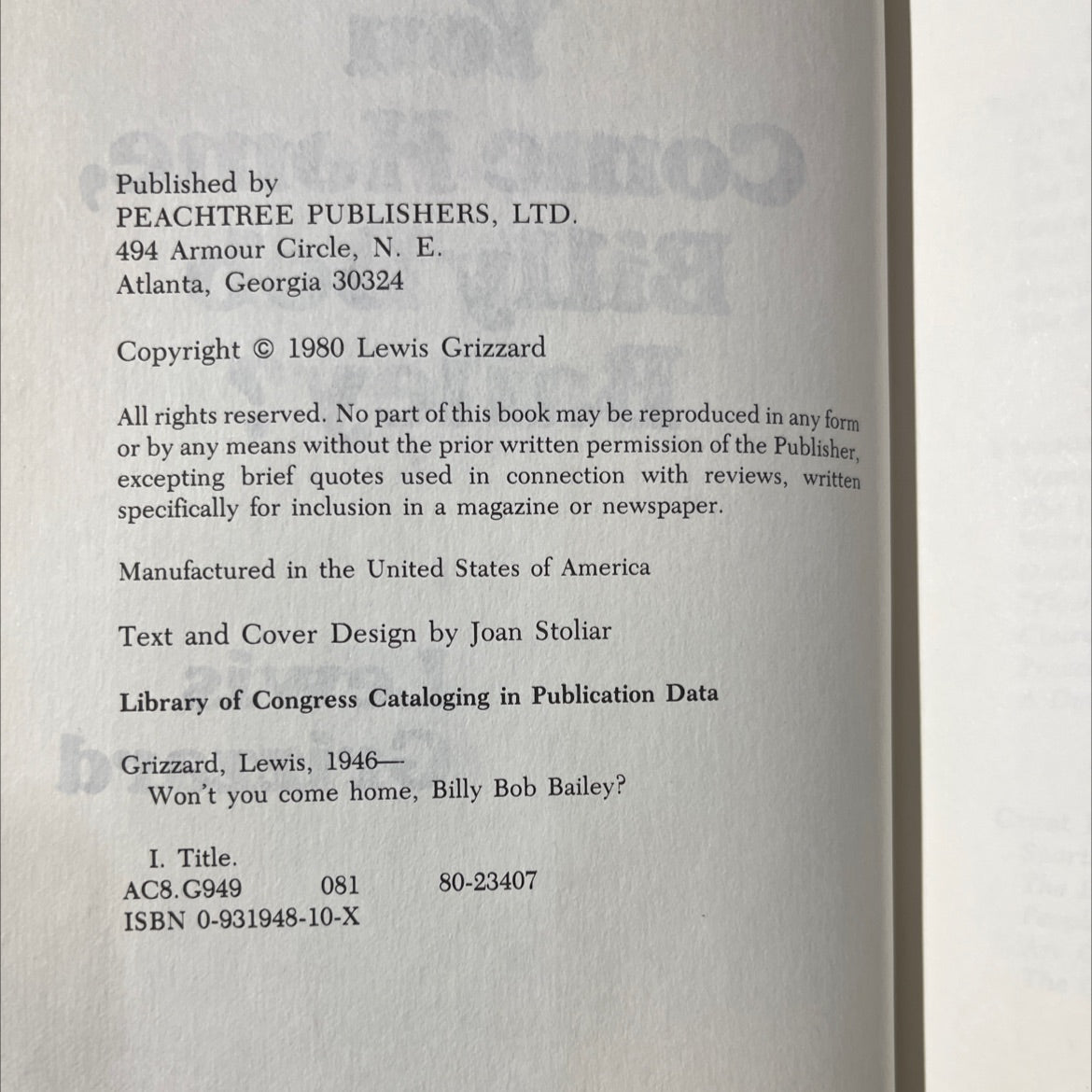 won't you come home, billy bob bailey? book, by lewis grizzard, 1980 Hardcover image 3